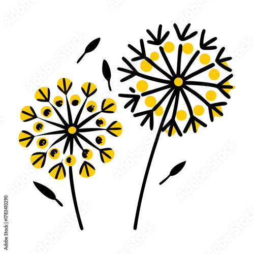Dandelions with flying seeds, fluffy dandelion flower silhouettes. Spring season blooming blowball flowers doodles vector illustration. Dandelion fluffy nature silhouette See Less icon
