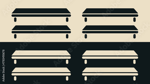 Four simple two tiered shelves in black and beige divided by a horizontal line in the center