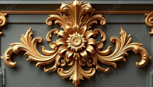 Golden ornate floral element with intricate curves and detailed carvings. Decorative baroque architectural trim with classic filigree patterns. Luxurious accent on dark wall.