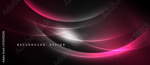 Abstract background features flowing curves, pink highlights, dark shades. Modern design evokes movement, energy, sophistication. Simple text reads background design.