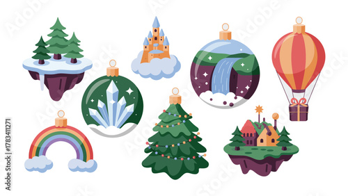 Holiday Ornament Collection: A charming collection of festive ornaments, each showcasing a unique winter wonderland scene, from majestic castles to vibrant rainbows.
