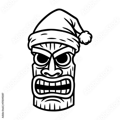 Navidad en Hawái. Logo con silueta de máscara tiki con sombrero de Santa Claus para tarjetas y felicitaciones
