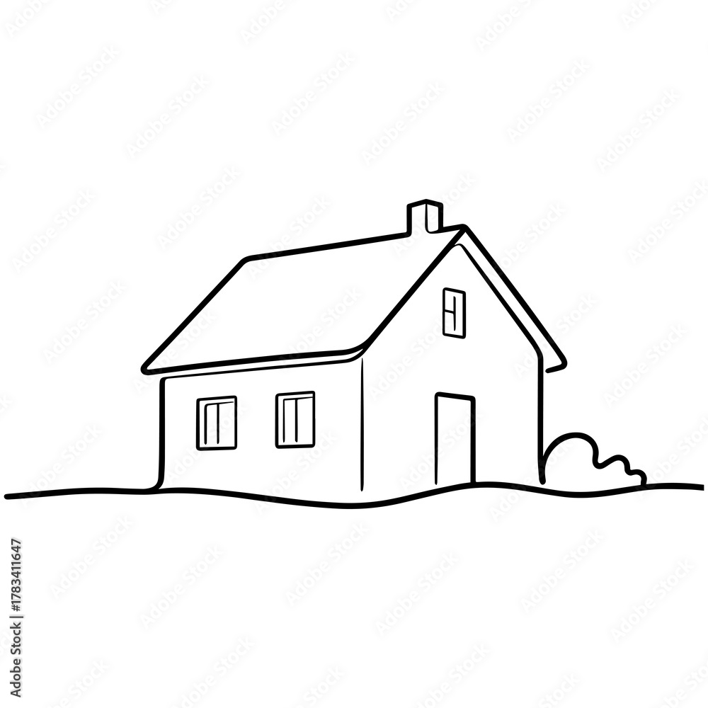 Fototapeta premium Simple Cottage House Minimalist Line Art, Single Story Home Outline Drawing, Hand Drawn Vector of Small Residential Building for Real Estate