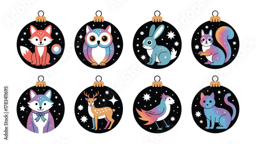 Holiday Ornaments: A charming collection of festive ornaments adorned with adorable animal illustrations, perfect for holiday decoration and adding a touch of whimsy and joy.