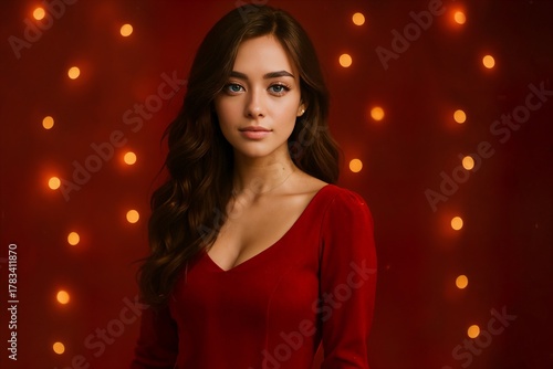 Beautiful portrait of woman in red dress with soft bokeh lights on red background, festive and elegant Christmas atmosphere