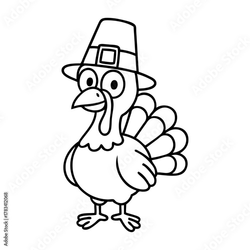 Turkey logo. Dibujo sencillo con líneas de pavo con sombrero de peregrino para tarjetas y felicitaciones del Día de Acción de Gracias