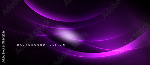 Abstract purple waves create dynamic background. Bright light source adds depth, modern feel. Minimalist text complements design.