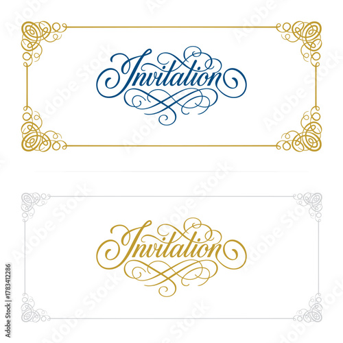 Elegant vintage “Invitation” lettering with decorative flourishes and ornate frame. Hand-drawn calligraphic design in blue and gold variations, perfect for wedding or event stationery.