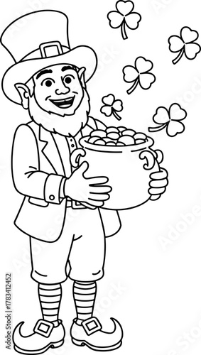 A jolly leprechaun holding a pot full of gold coins surrounded by falling shamrocks a festive symbol of good fortune and Irish heritage perfect for St Patricks Day celebrations and seasonal designs