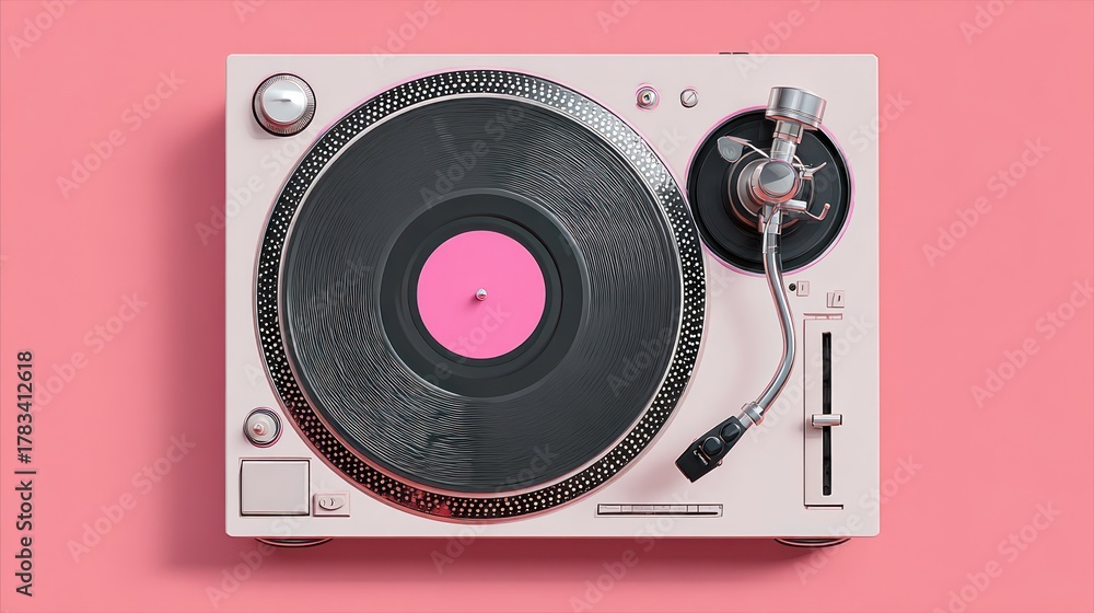 Fototapeta premium Spinning vinyl record action home setup media equipment retro vibe top view music nostalgia