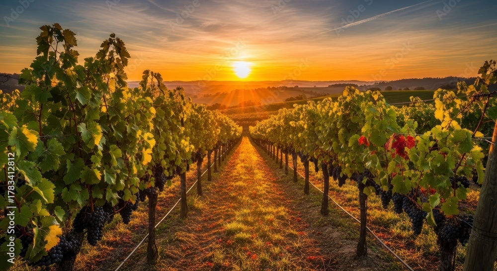 Naklejka premium Golden Sunset Over Lush Vineyard Rows with Ripe Grapes