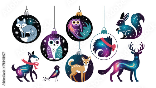 Whimsical Christmas Ornaments: A charming array of festive ornaments each feature a unique animal illustration, exuding holiday cheer and creative design.