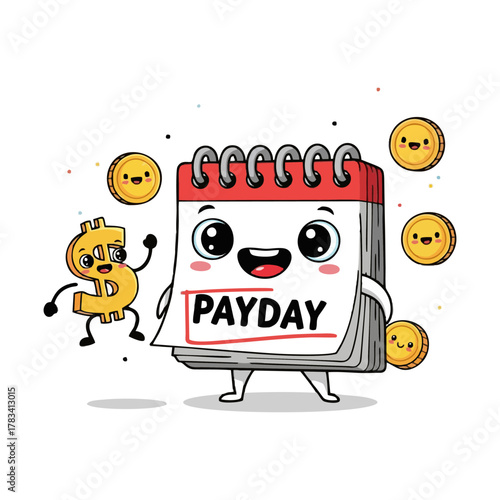 Cartoon calendar with 'PAYDAY' text, dollar sign, and coins, all with happy faces.