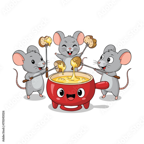 Cartoon mice enjoying cheese fondue from a red pot with a smiling face.