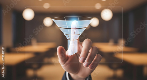 Hands touching digital funnel interface, optimizing sales leads and business processes for growth and efficiency in modern workspace