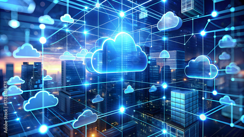 futuristic data center environment with a central laptop displaying a world map, surrounded by towering server racks and various digital elements