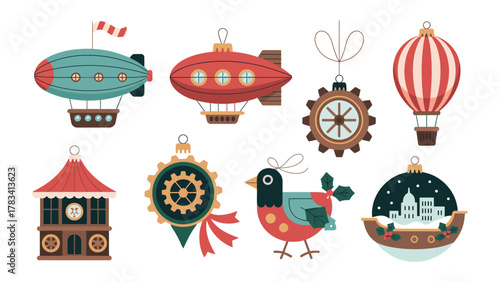 Steampunk Christmas Ornament Delight: A whimsical array of vintage-inspired Christmas ornaments, featuring fantastical airships, intricate gears, and a charming hot air balloon.