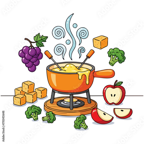Illustration of cheese fondue with fruit and vegetables around it.