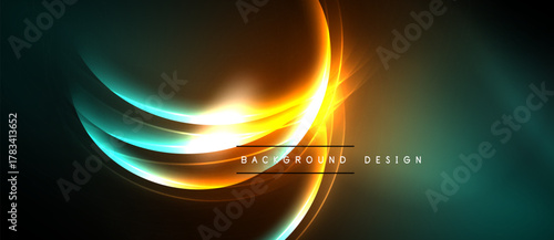 Abstract neon lines create dynamic curves. Bright orange, teal hues blend against dark backdrop. Modern design element.