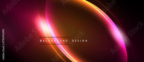 Abstract design features flowing lines, vibrant colors. Gradient blends pink, orange, yellow hues. Modern aesthetic, dark background.