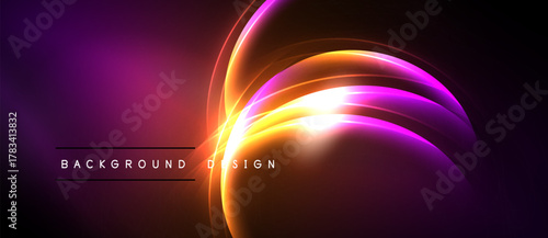 Abstract vibrant design features flowing curves, bright colors. Purple, orange hues create dynamic visual effect. Modern background element.