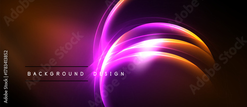 Abstract neon lights create vibrant curves. Dark background emphasizes glowing orange, purple hues. Modern design element.
