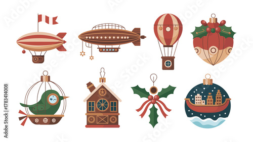 Festive Decorations Collection: A whimsical assortment of holiday ornaments, from ornate zeppelin and hot air balloons to charming birdcages and intricate home-shaped baubles.