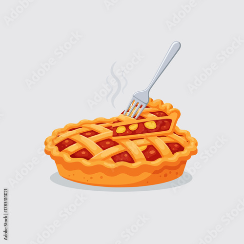 Cartoon illustration of a cherry pie with a slice being lifted by a fork.