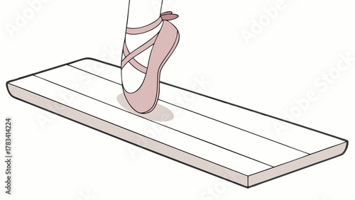 Ballet dancers foot in pointe shoe on a wooden plank, isolated on white background