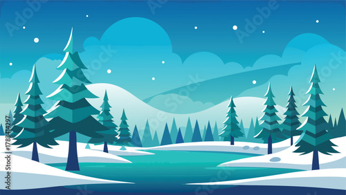 Pixel art winter landscape with snow-covered pine trees and a frozen lake under a starry night sky, evoking a serene and magical atmosphere