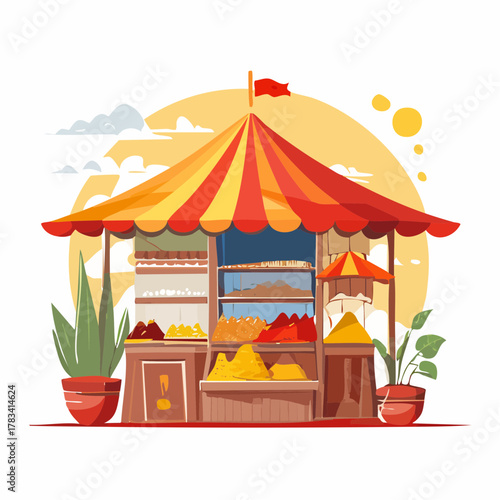 Vibrant street food stall illustration with colorful awning and products