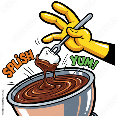 Cartoon illustration of a hand dipping a marshmallow into a pot of chocolate.