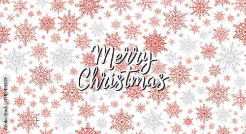 Festive merry christmas text overlay on a background of red and white snowflakes for holiday greetings