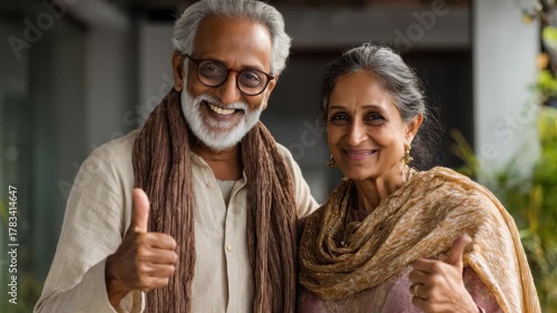 Joyful Indian senior couple celebrating together with thumbs up in a vibrant outdoor setting