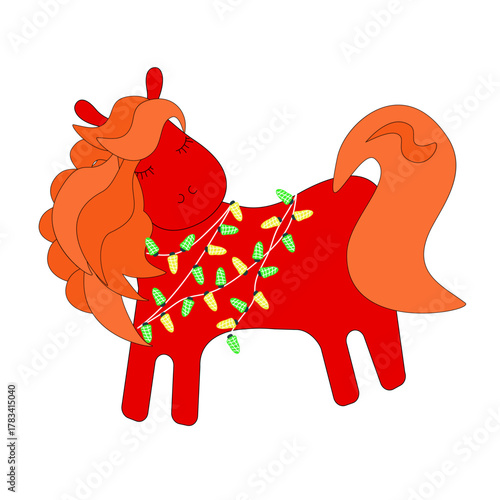 A cute cartoon red horse with a red mane and a string of colorful lights. Symbol of 2026 in the Chinese calendar — color vector illustration