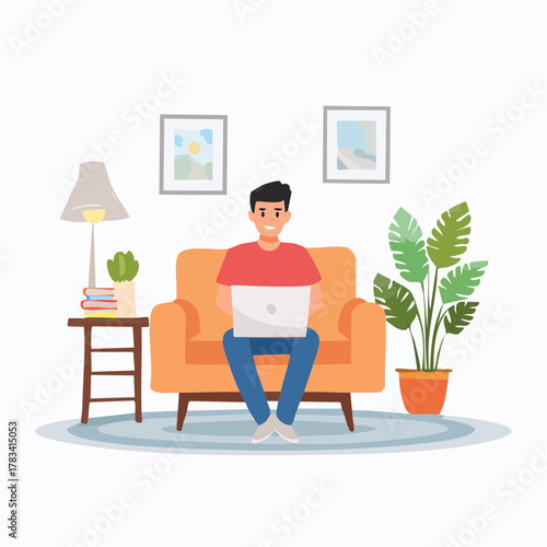 Vector illustration of young person working remotely from home on laptop