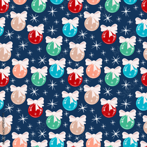 Seamless pattern of multicolored glass Christmas tree balls with bows on a blue background - colorful Christmas vector background for packaging, textiles, and paper