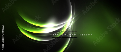 Abstract green neon waves, bright light streaks. Dark background creates dynamic visual effect. Modern design element.