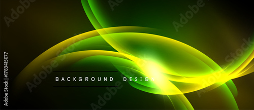 Abstract glowing lines create dynamic composition. Green, yellow hues dominate dark background. Modern design element.