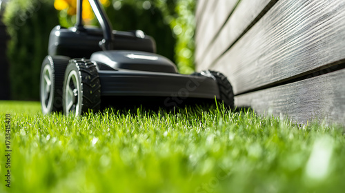 Eye-level lawn care, a sleek black lawnmower amidst vibrant green grass, adjacent to a weathered wooden fence, symbolizes home maintenance and outdoor upkeep. Freshly cut grass gleams in the sun.