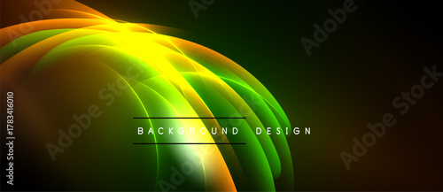 Abstract vibrant design. Bright yellow center radiates outward, blending into green, orange hues against dark background. Modern aesthetic.