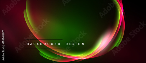 Abstract background design features vibrant, layered curves. Colors blend from magenta, green, yellow creating dynamic visual effect. Dark backdrop enhances luminosity.