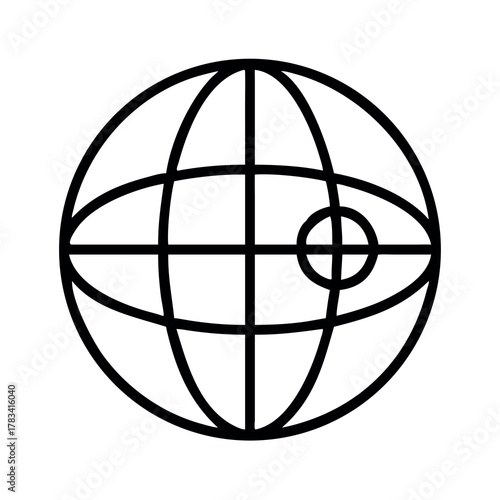 Abstract geometric representation of a planet with orbital paths and a moon or satellite