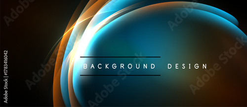 Abstract design features flowing curves, vibrant blue, orange hues. Minimalist text reads background design over dark space.