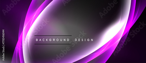 Abstract purple waves form elegant backdrop. Central text reads background design over dark gray area. Smooth gradients create dynamic visual effect.