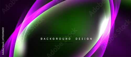Abstract background features vibrant purple, green hues. Smooth curves create dynamic flow, central text reads background design. Dark space surrounds bright elements.