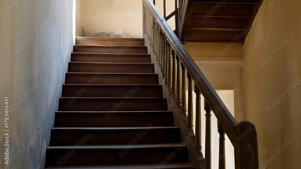 Fototapeta premium Ascend an old, dark wooden staircase bathed in natural light. The scene evokes timeless elegance and invites exploration. Capture the mood of the stairs and the climb.