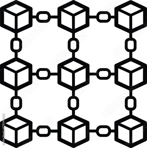 Illustration of a network with nine cubes connected by links on a white background in black outline
