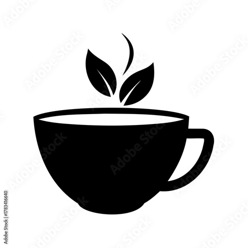 Minimalist Black and White Tea Cup Illustration with Natural Leaf Aroma