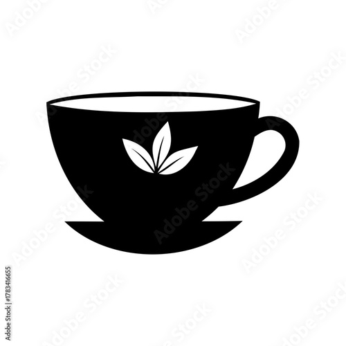 Elegant black and white tea cup logo design with subtle leaves.